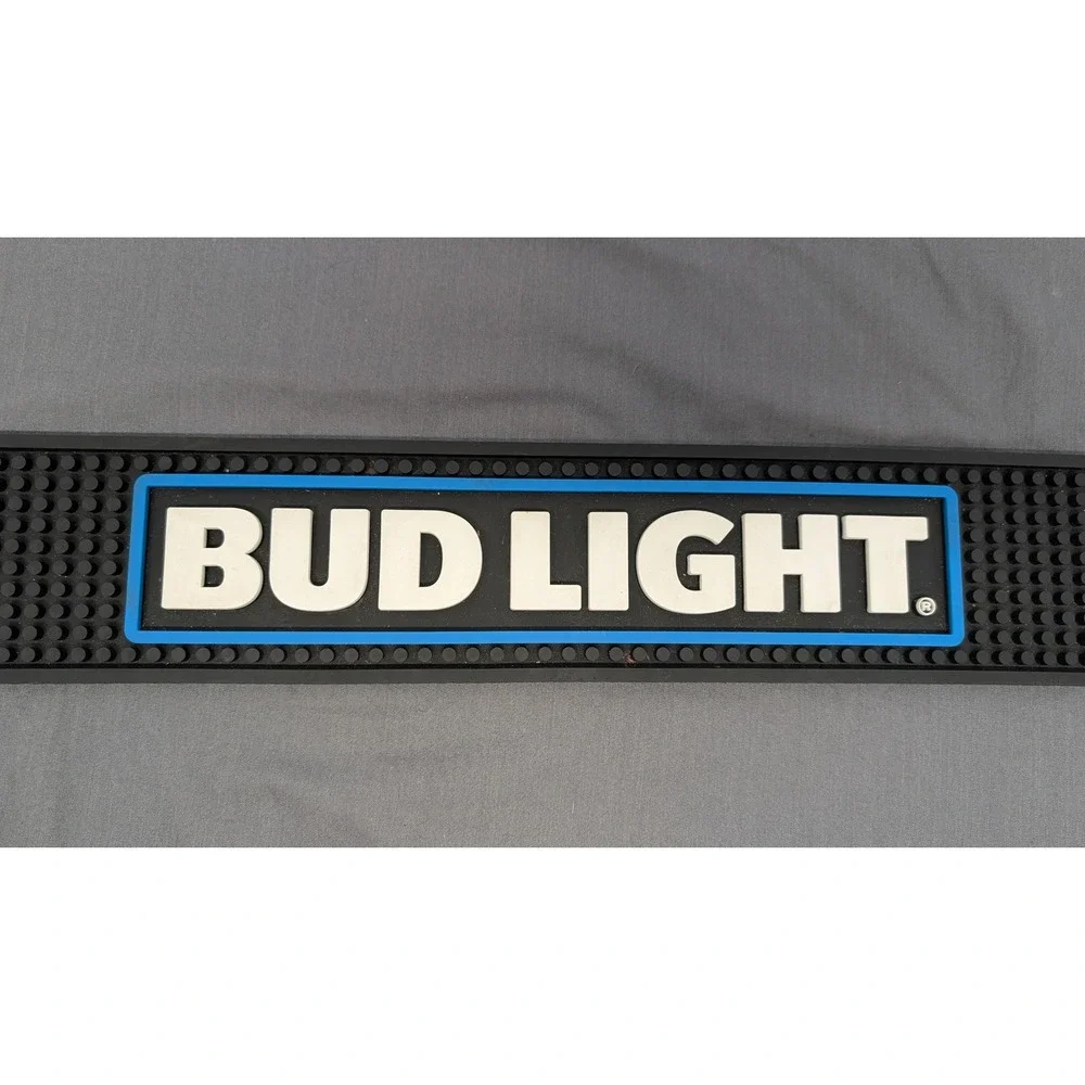 Bud Light Bar Rail Runner Mat 23.5x3.5 Black Blue Rubber Spill Mat Man Cave